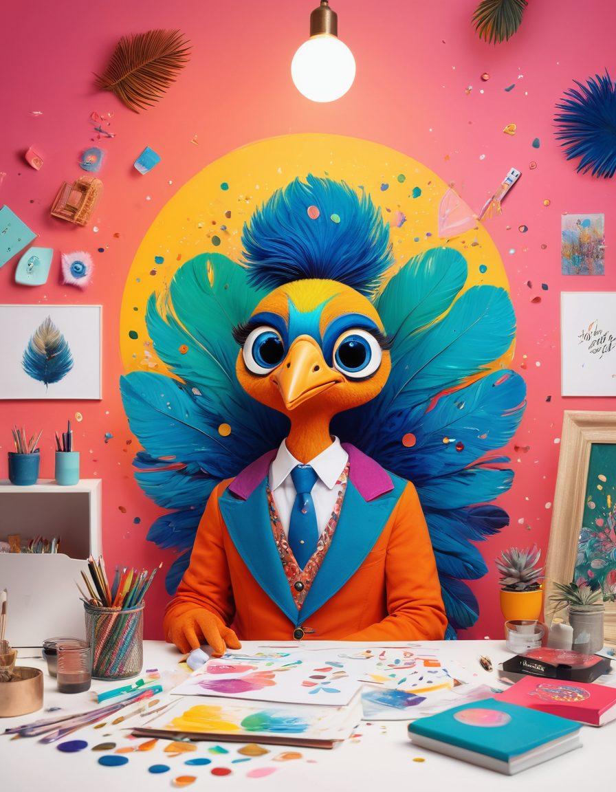 A vibrant and whimsical workspace filled with colorful art supplies, sketches of various brand logos, and a glowing light bulb symbolizing creativity. In the center, a joyful character resembling Johnnyo, surrounded by elements representing unique branding like peacock feathers, abstract shapes, and sparkling confetti. The atmosphere radiates positivity and innovation, inviting viewers to explore the essence of a joyful brand identity. bright colors. whimsical style. dynamic composition.