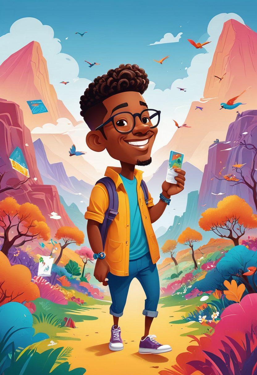 A vibrant and playful illustration of a character named Johnnyo embarking on a joyful journey through a colorful landscape filled with unique personal branding elements like business cards, logos, and creative tools. Show him interacting with diverse people and joyful experiences that reflect personal growth and individuality. Use bright colors and whimsical style to convey positivity and excitement. vector art. vibrant colors.